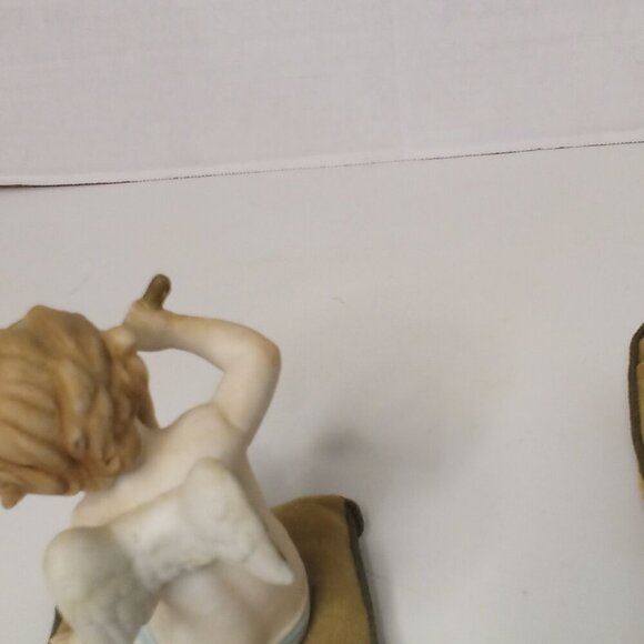 Vintage Angel Figure On Pillow Lot of 2 Guitar Flute Cherubs Ceramic 5" Tall - Picture 7 of 16